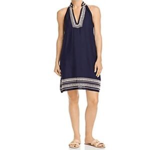 Aqua navy sleeveless dress with blush pink embroidery size XS